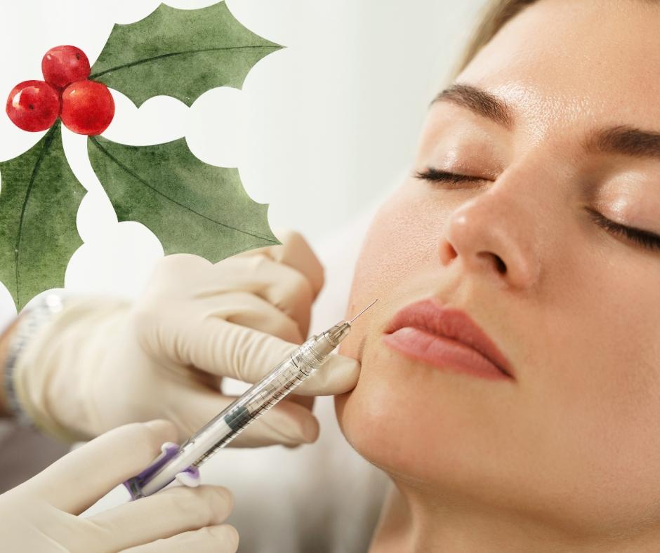 Aesthetician injecting dermal filler into a woman's lips to plump and volumise them as a Christmas gift