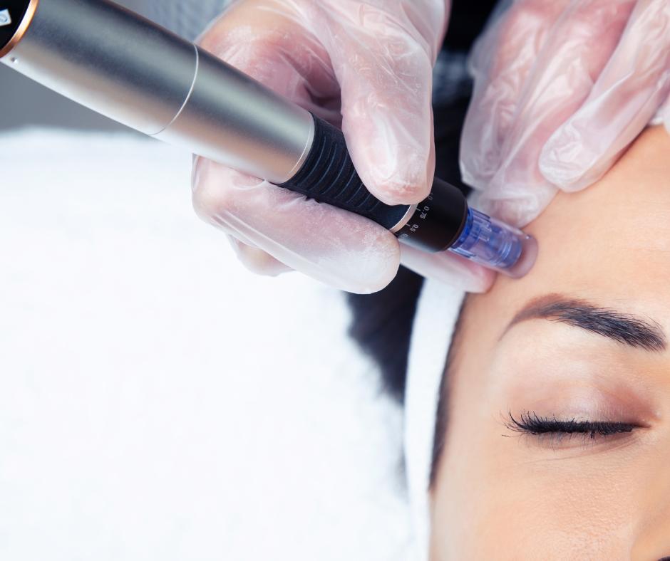 A woman receiving a microneedling PRP facial treatment at Aesthetics Medical Clinic